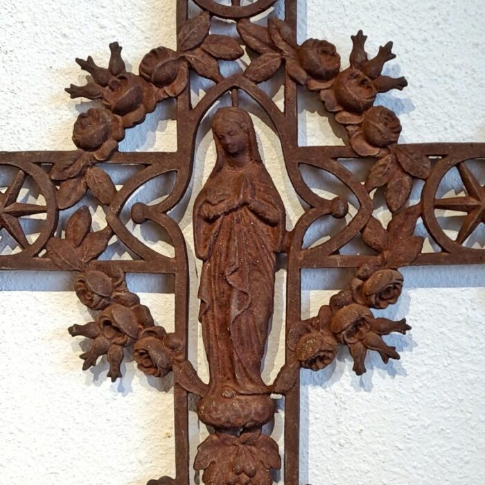 19th century cast iron garden cross with virgin mary 2600