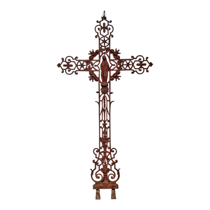 19th century cast iron garden cross with virgin mary 5823