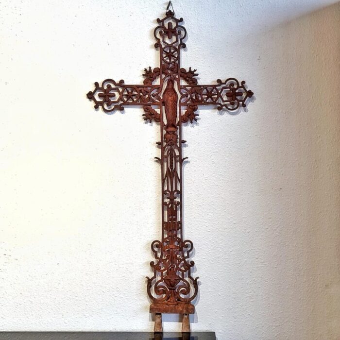 19th century cast iron garden cross with virgin mary 8246