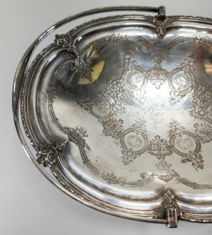 19th century english sheffield silverplate bride or cake basket with engraving 5272