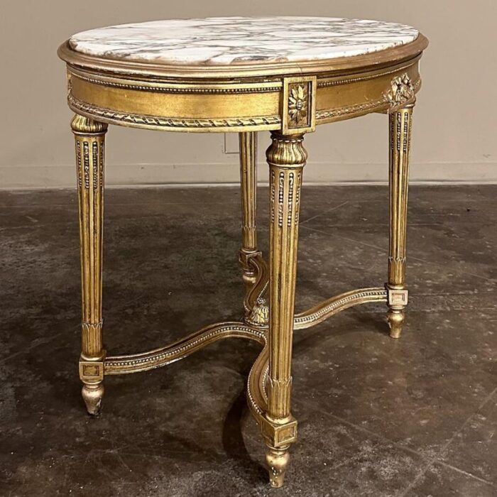 19th century french louis xvi giltwood marble top oval end table 2826