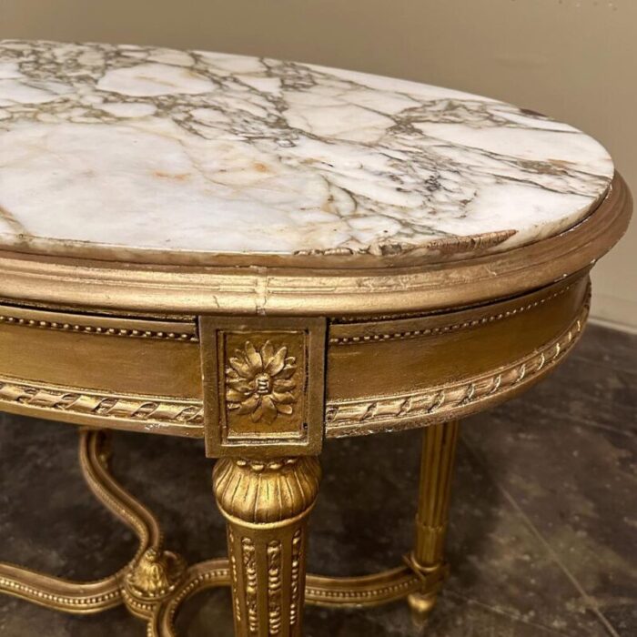 19th century french louis xvi giltwood marble top oval end table 3775