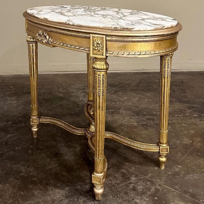 19th century french louis xvi giltwood marble top oval end table 4195