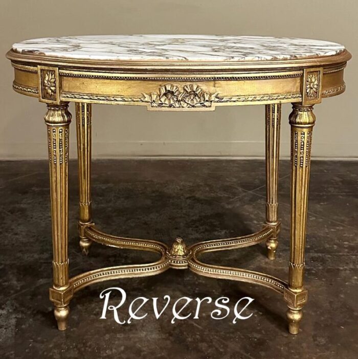 19th century french louis xvi giltwood marble top oval end table 6673