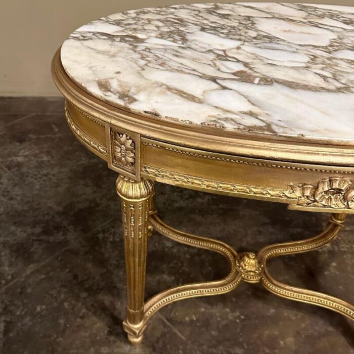 19th century french louis xvi giltwood marble top oval end table 7126