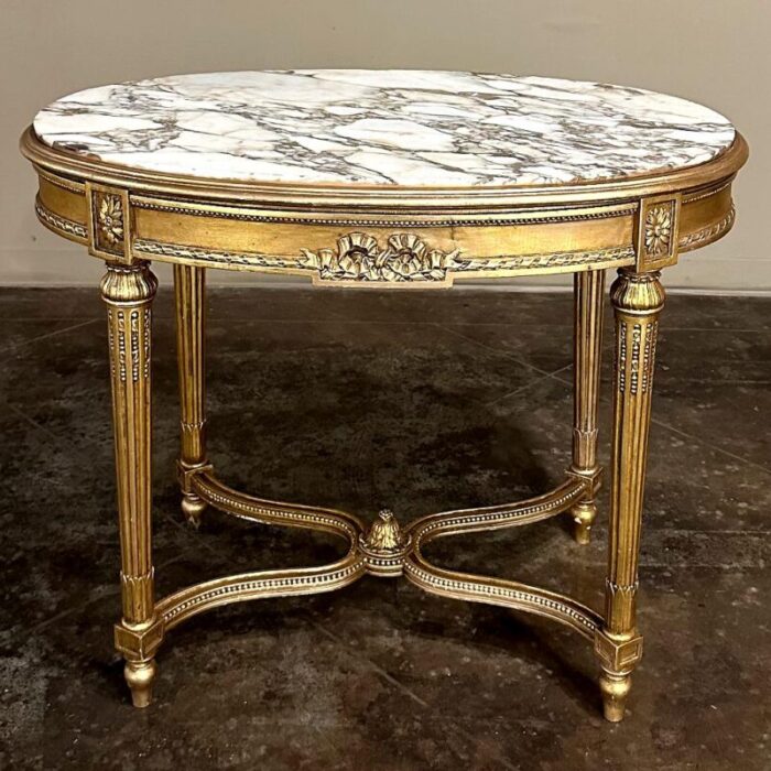 19th century french louis xvi giltwood marble top oval end table 9536