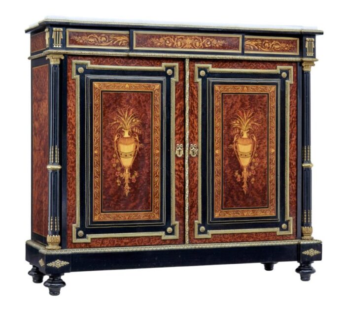 19th century french marble top inlaid amboyna sideboard 1