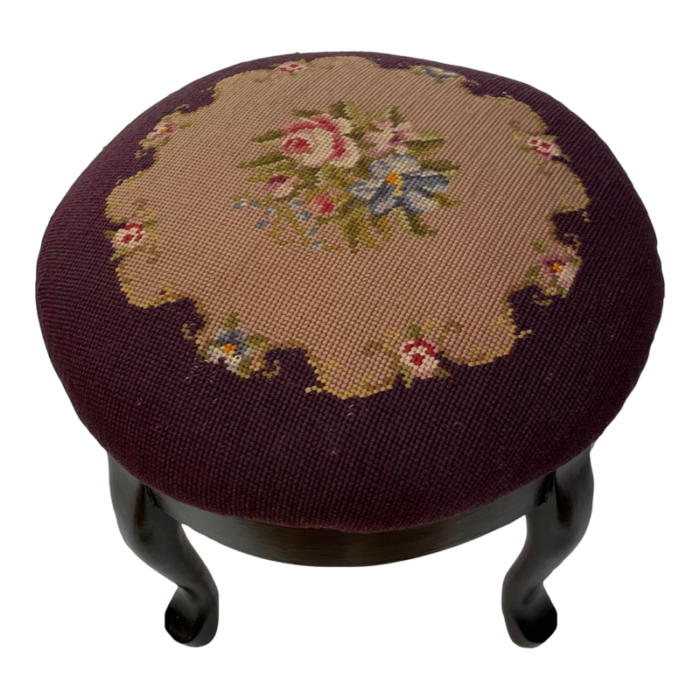 19th century queen anne style mahogany footstool with floral needlepoint 2287