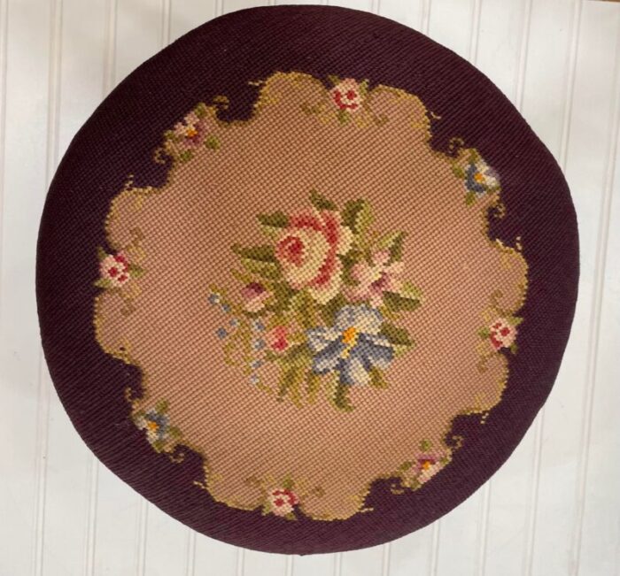 19th century queen anne style mahogany footstool with floral needlepoint 2659