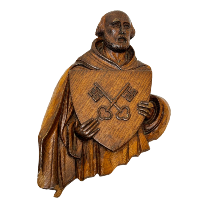 19th century religious saint holding shield crossed keys of heaven wall sculpture 1377