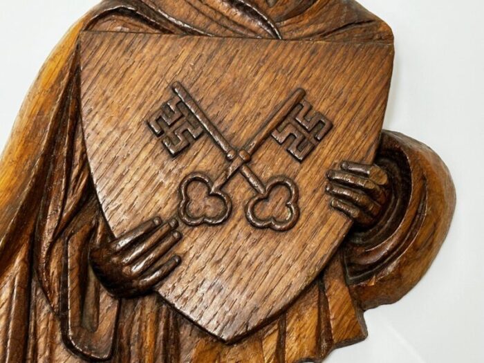 19th century religious saint holding shield crossed keys of heaven wall sculpture 4345