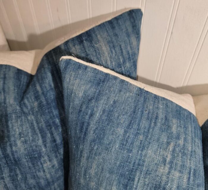 19thc blue homespun faded linen pillows pair 5903