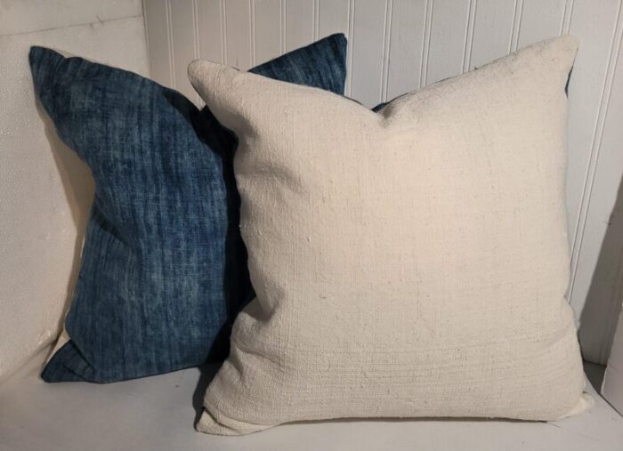 19thc blue homespun faded linen pillows pair 8342