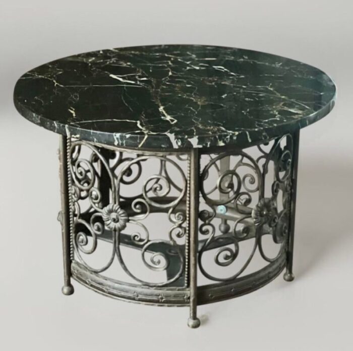 20th century french art deco iron and marble side or small coffee table 9681