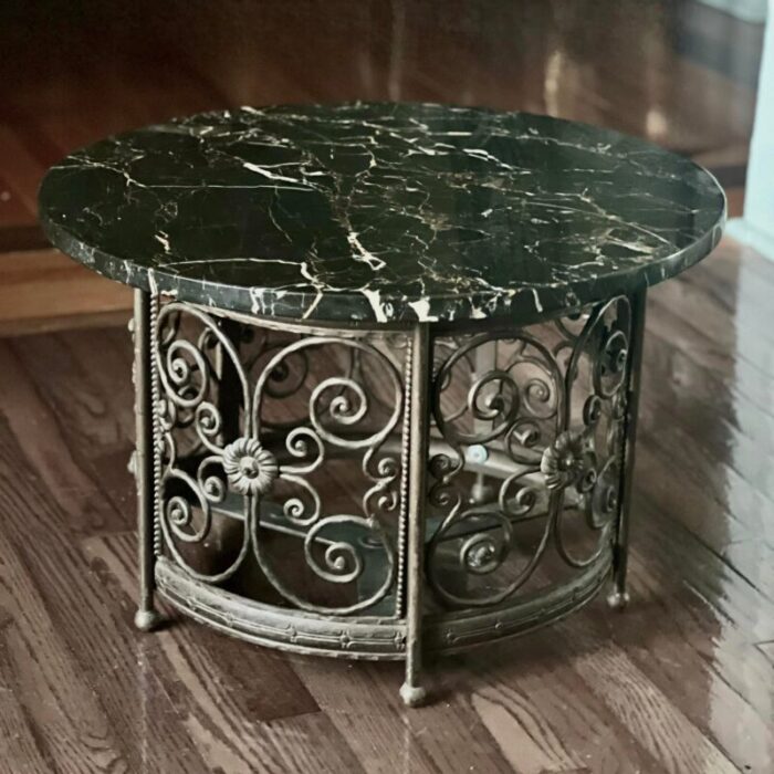 20th century french art deco iron and marble side or small coffee table 9855