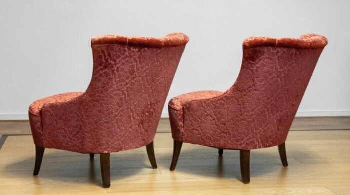 20th century napoleon iii armchairs in velvet jacquard tone on tone brick set of 2 0382