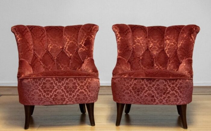 20th century napoleon iii armchairs in velvet jacquard tone on tone brick set of 2 0890