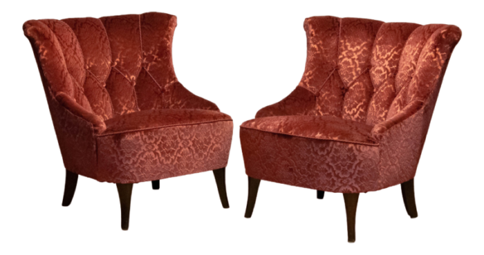 20th century napoleon iii armchairs in velvet jacquard tone on tone brick set of 2 1312