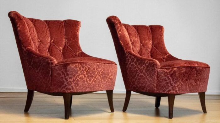 20th century napoleon iii armchairs in velvet jacquard tone on tone brick set of 2 2448