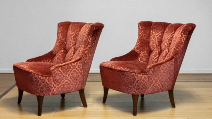 20th century napoleon iii armchairs in velvet jacquard tone on tone brick set of 2 3210