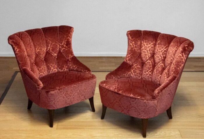 20th century napoleon iii armchairs in velvet jacquard tone on tone brick set of 2 4334