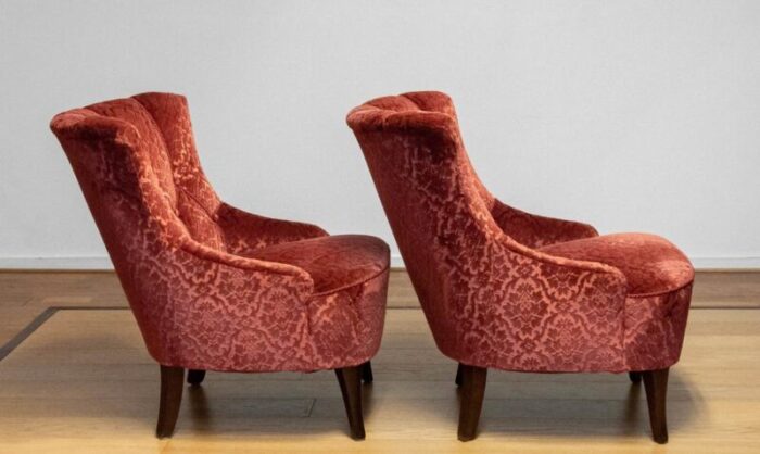 20th century napoleon iii armchairs in velvet jacquard tone on tone brick set of 2 5664