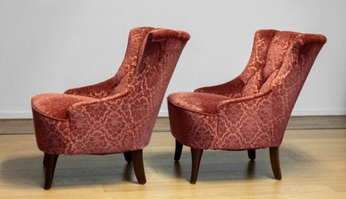 20th century napoleon iii armchairs in velvet jacquard tone on tone brick set of 2 6190