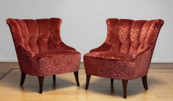 20th century napoleon iii armchairs in velvet jacquard tone on tone brick set of 2 6721