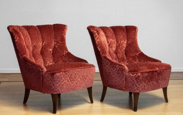 20th century napoleon iii armchairs in velvet jacquard tone on tone brick set of 2 6839