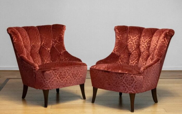 20th century napoleon iii armchairs in velvet jacquard tone on tone brick set of 2 7563