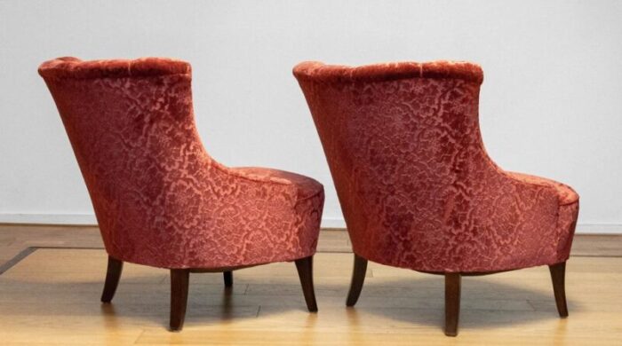 20th century napoleon iii armchairs in velvet jacquard tone on tone brick set of 2 9547