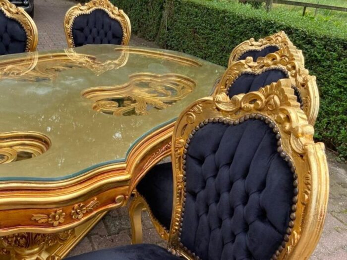 9 piece late 20th century french louis xvi dining set in gold beech with black velvet 0999