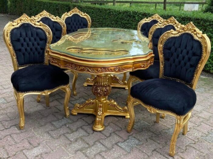 9 piece late 20th century french louis xvi dining set in gold beech with black velvet 3458