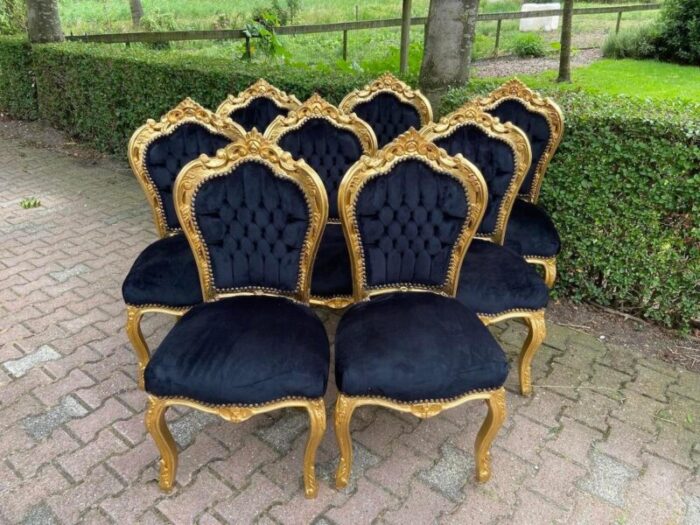 9 piece late 20th century french louis xvi dining set in gold beech with black velvet 4203