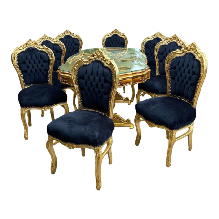 9 piece late 20th century french louis xvi dining set in gold beech with black velvet 5449