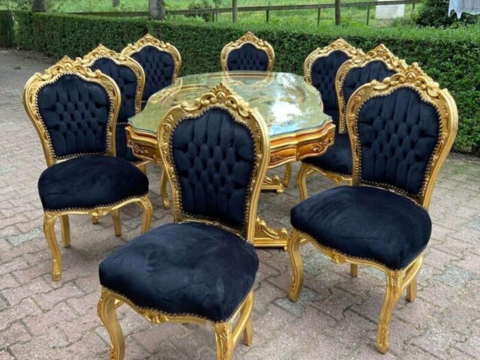 9 piece late 20th century french louis xvi dining set in gold beech with black velvet 7446