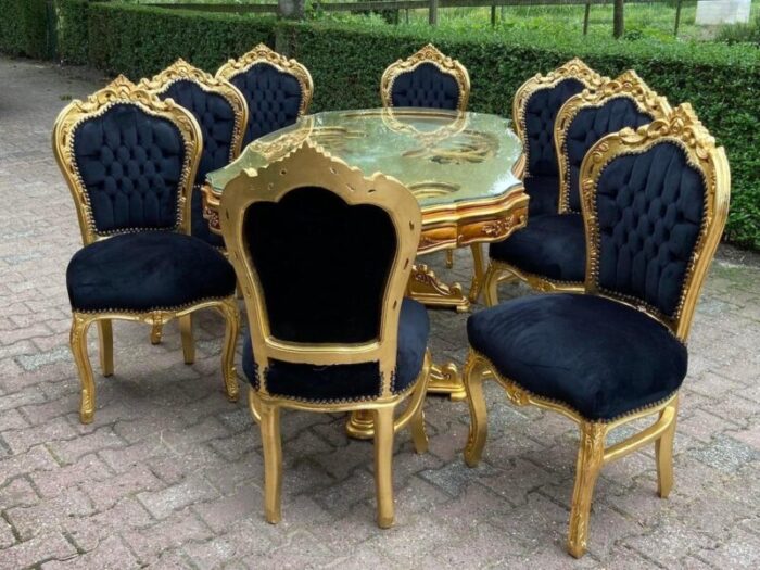 9 piece late 20th century french louis xvi dining set in gold beech with black velvet 7474