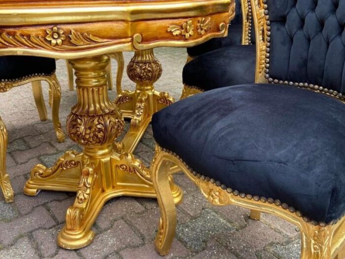 9 piece late 20th century french louis xvi dining set in gold beech with black velvet 8593