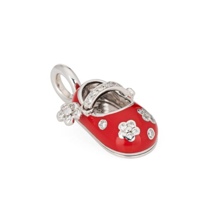 aaron basha diamond flower red enamel 18k white gold signed shoe charm 7464