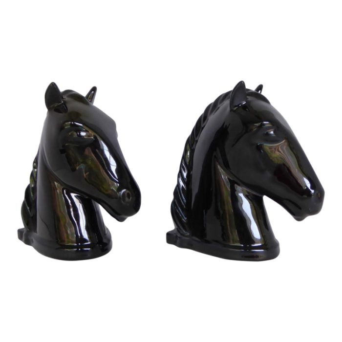 american deco pair of ceramic black horse head bookends by abingdon pottery 1940s 2194