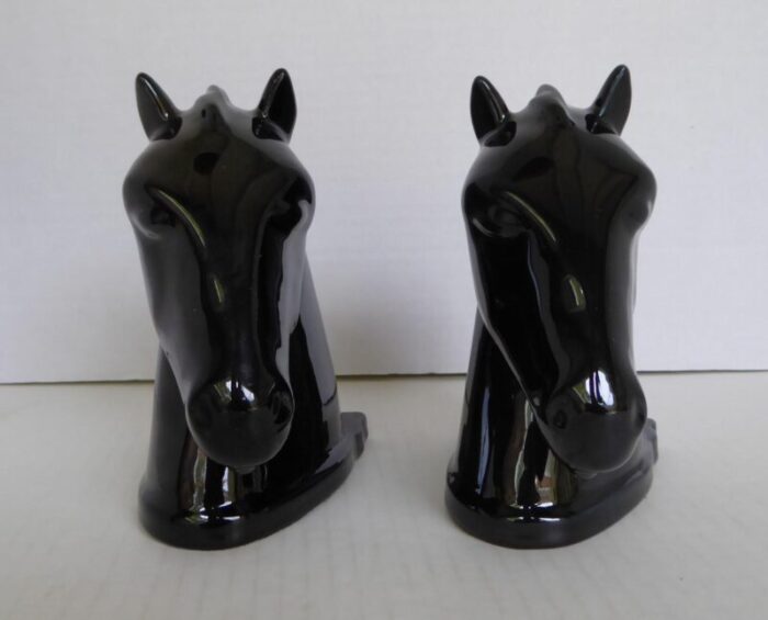 american deco pair of ceramic black horse head bookends by abingdon pottery 1940s 4791