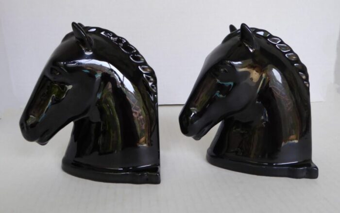 american deco pair of ceramic black horse head bookends by abingdon pottery 1940s 5316