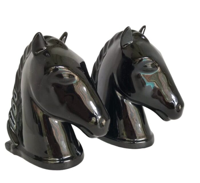 american deco pair of ceramic black horse head bookends by abingdon pottery 1940s 5573