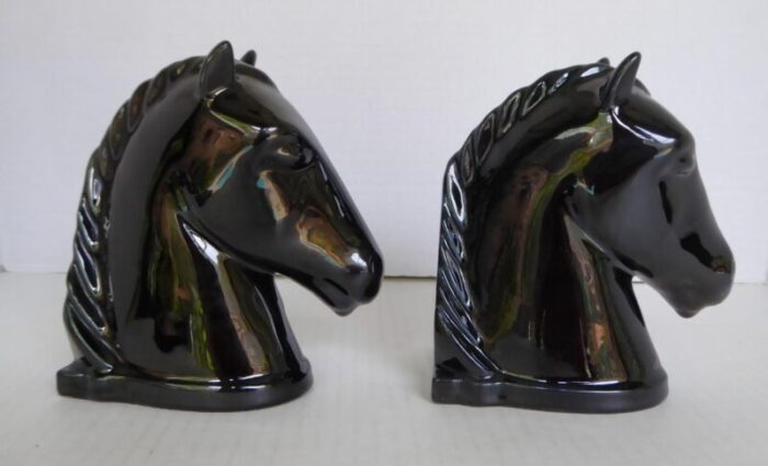 american deco pair of ceramic black horse head bookends by abingdon pottery 1940s 6460