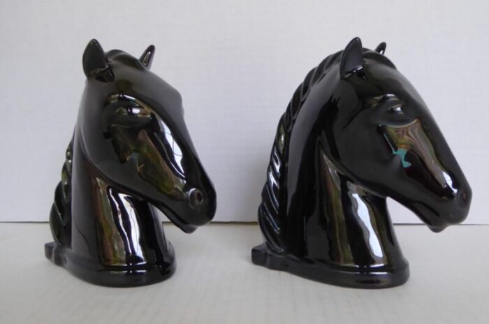 american deco pair of ceramic black horse head bookends by abingdon pottery 1940s 6498