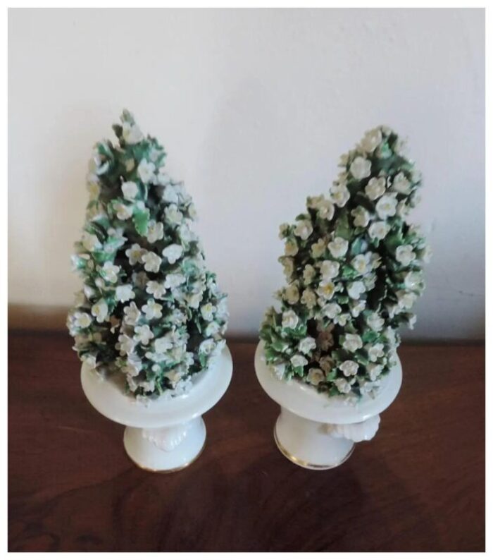 antique 18th c english derby william duesbury and co porcelain obelisk trophies as flowering topiary shrubs in neoclassical garden tubs 1765 a pair 9479