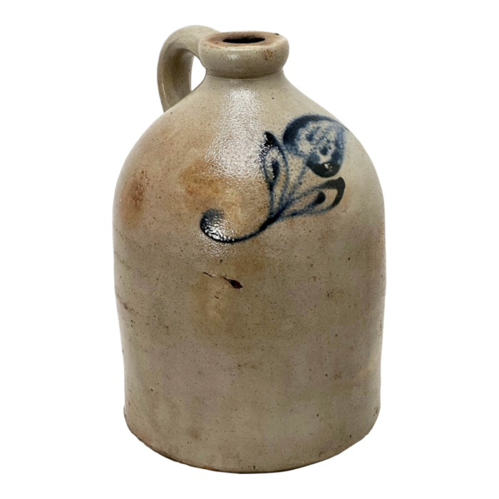 antique american primitive blue decorated stoneware 1 gallon spirits jug circa late 19th century 8879