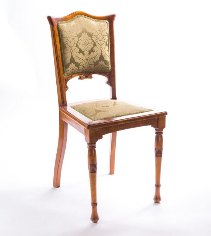 antique art nouveau beech mahogany silk jacquard dining chairs 1890s set of 2 1