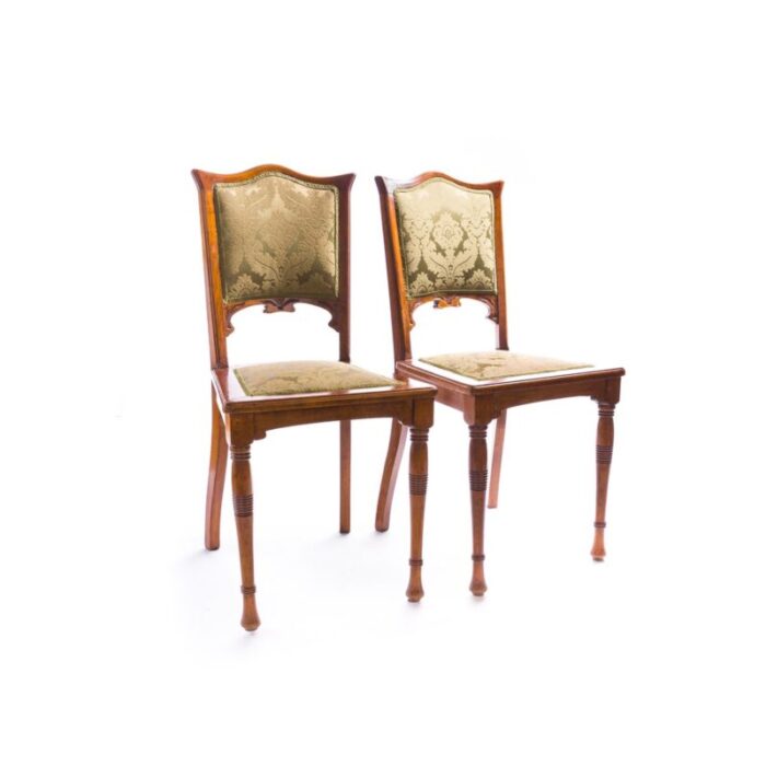 antique art nouveau beech mahogany silk jacquard dining chairs 1890s set of 2 2