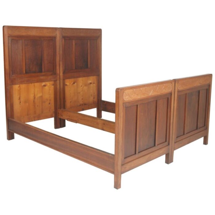 antique art nouveau hand carved cherrywood and walnut double twin bed 1920s set of 2 1